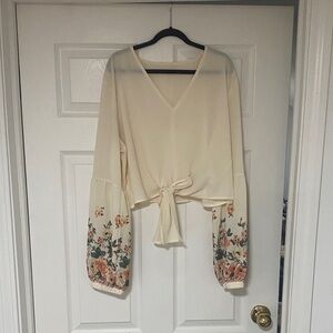 Tie-Front Cream Floral Sleeve V-Neck Blouse